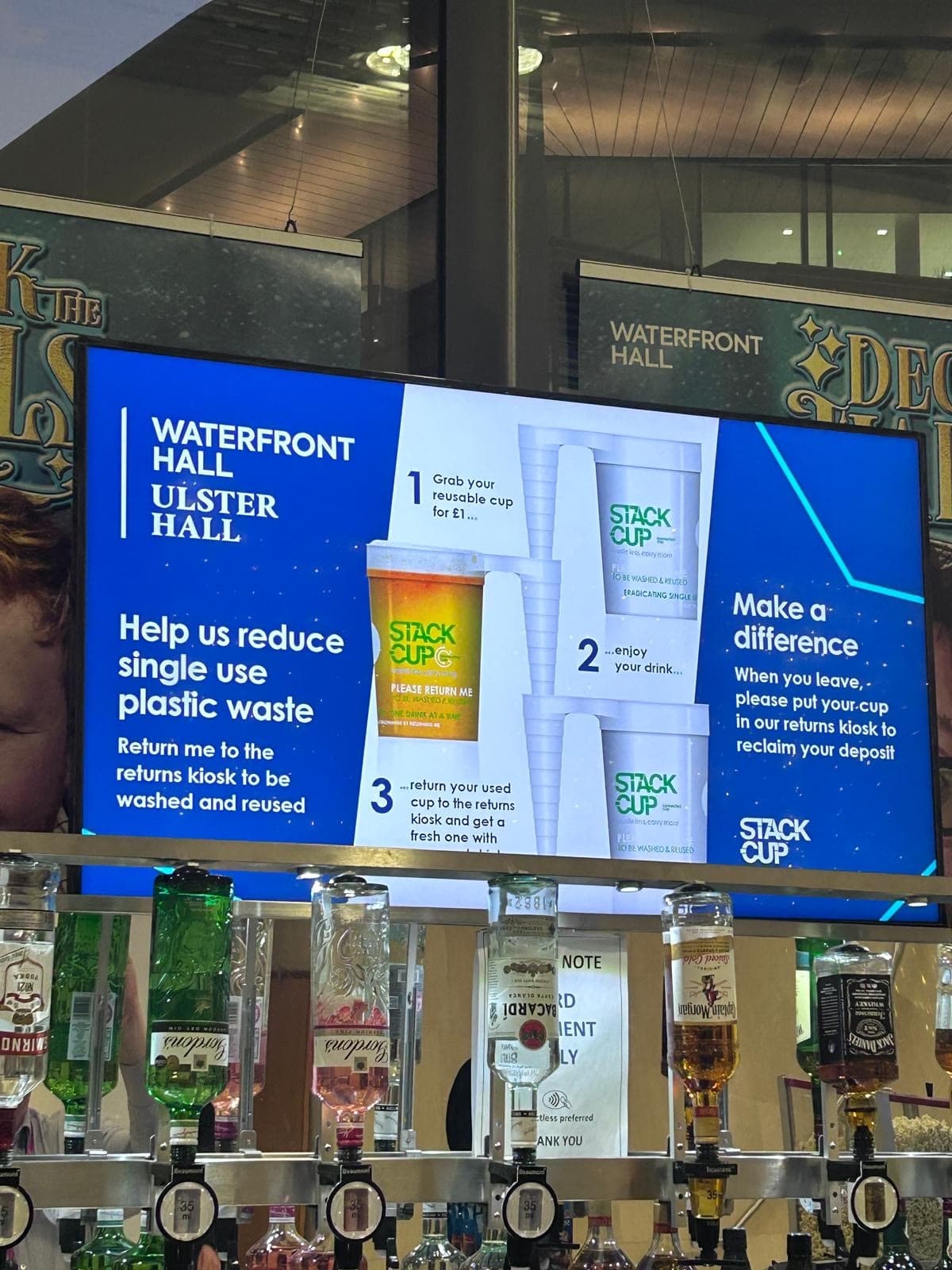 A digital display showing reusable cup information